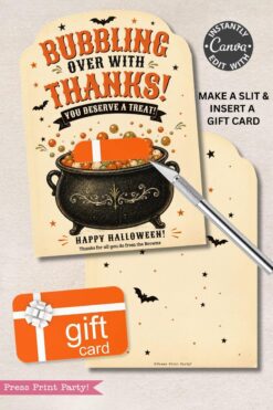 Set of 7 Vintage Halloween Gift Card Holders, each featuring the phrase “Bubbling Over With Thanks! You Deserve a Treat!” above a whimsical witch’s cauldron. Bats and orange bubbles add festive flair, and each holder includes a convenient slot for your gift card with simple instructions.