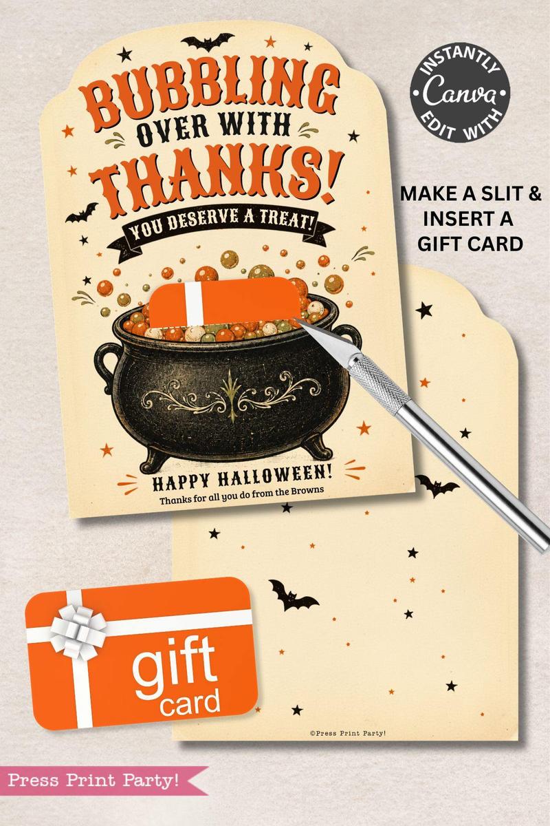 Set of 7 Vintage Halloween Gift Card Holders, each featuring the phrase “Bubbling Over With Thanks! You Deserve a Treat!” above a whimsical witch’s cauldron. Bats and orange bubbles add festive flair, and each holder includes a convenient slot for your gift card with simple instructions.