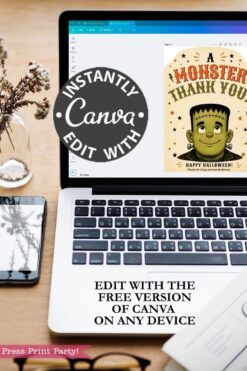 A laptop displays a Halloween thank you card template for the 7 Vintage Halloween Gift Card Holders collection on Canva, with the text: “INSTANTLY EDIT WITH Canva” and “EDIT WITH THE FREE VERSION OF CANVA ON ANY DEVICE.” Nearby are printed gift card holders from the set, along with a notebook, pen, and plant.