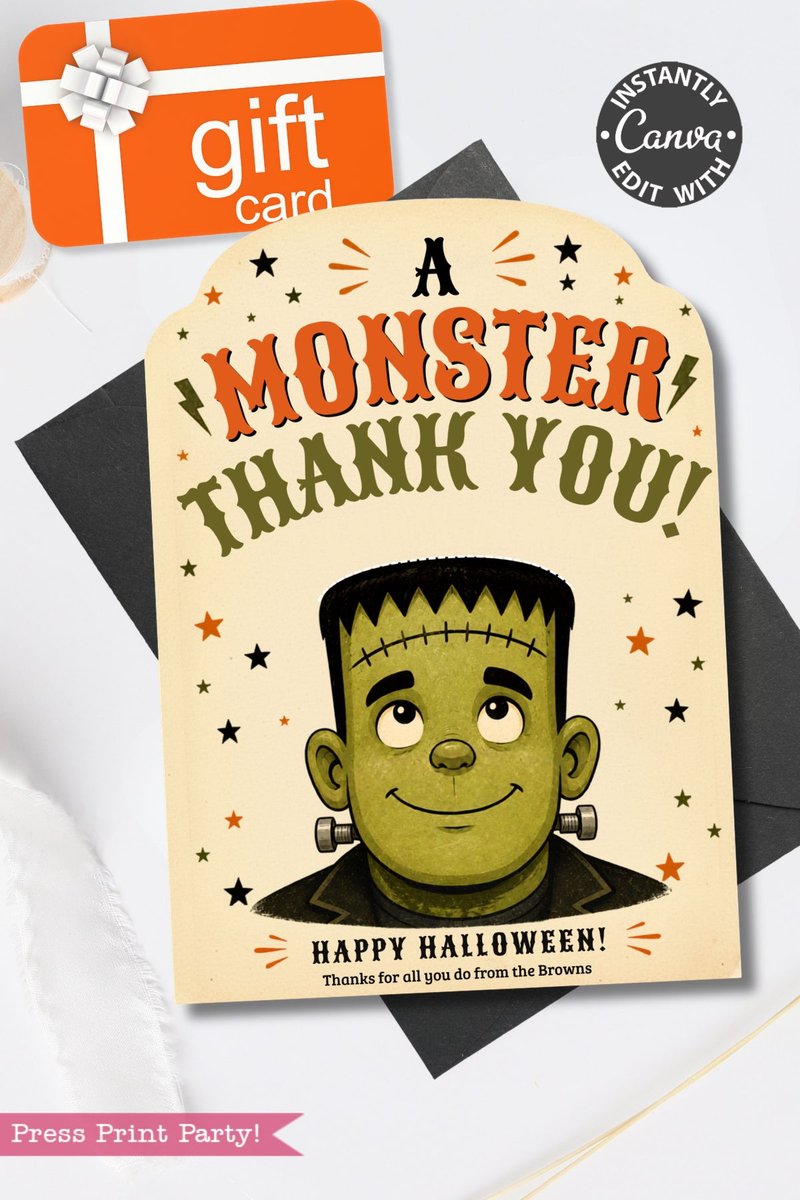 A Halloween thank you card from the “7 Vintage Halloween Gift Card Holders” collection features a cartoon Frankenstein’s monster and the message “A Monster Thank You! Happy Halloween! Thanks for all you do from the Browns.” Ideal for holding gift cards, this design includes a gift card icon and a Canva editing sticker at the top.