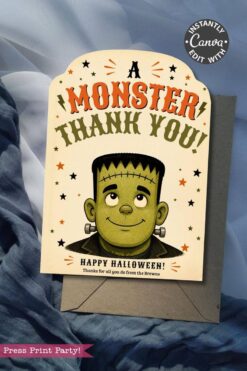 Featuring playful artwork of a green cartoon monster reminiscent of Frankenstein’s monster and the message “A MONSTER THANK YOU! Happy Halloween! Thanks for all you do from the Browns.,” this fun greeting card—displayed on an envelope and set against blue fabric—makes the perfect match for your 7 Vintage Halloween Gift Card Holders.