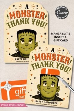 Celebrate in spooky style with the 7 Vintage Halloween Gift Card Holders—Halloween-themed cards featuring a cartoon Frankenstein monster, stars, and the message “A Monster Thank You! Happy Halloween!” Each card includes a slot for inserting a gift card, plus easy instructions and a sample gift card, making them perfect for gifting this Halloween.