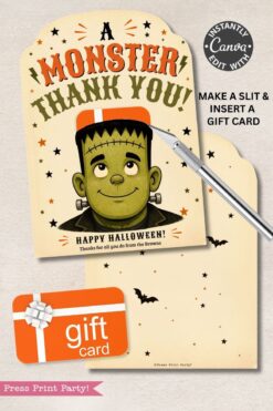 7 Vintage Halloween Gift Card Holders featuring a cartoon Frankenstein monster and the phrase “A Monster Thank You!”—each card includes a slot for easy gift card insert. Shown with a craft knife and an orange gift card as usage examples, they’re perfect for Halloween gifting.