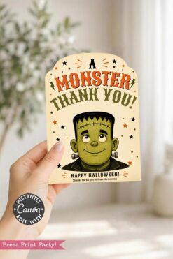 A hand holds one of the 7 Vintage Halloween Gift Card Holders—a Halloween-themed thank you card featuring a cartoon Frankenstein monster and the message: “A Monster Thank You! Happy Halloween! Thanks for all you do from the Browns.”.