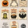 Set of 7 Vintage Halloween Gift Card Holders featuring cute designs of a pumpkin, skeleton, mummy, monster, cauldron, bat, and witch cauldron with festive phrases. “Instantly edit with Canva” is noted on the image.