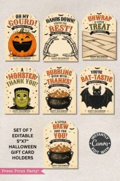Set of 7 Vintage Halloween Gift Card Holders featuring cute designs of a pumpkin, skeleton, mummy, monster, cauldron, bat, and witch cauldron with festive phrases. βInstantly edit with Canvaβ is noted on the image.