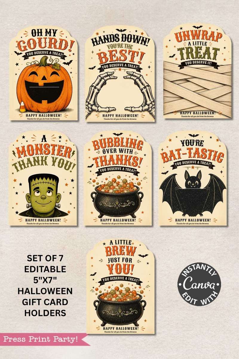 Set of 7 Vintage Halloween Gift Card Holders featuring cute designs of a pumpkin, skeleton, mummy, monster, cauldron, bat, and witch cauldron with festive phrases. “Instantly edit with Canva” is noted on the image.