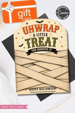 Set of 7 Vintage Halloween Gift Card Holders featuring a mummy wrap design with bats, stars, and the text “UNWRAP A LITTLE TREAT YOU DESERVE IT!” Each festive holder includes a gift card and displays a “Happy Halloween! Thanks from the Browns” message at the bottom.