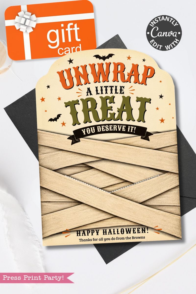 Set of 7 Vintage Halloween Gift Card Holders featuring a mummy wrap design with bats, stars, and the text “UNWRAP A LITTLE TREAT YOU DESERVE IT!” Each festive holder includes a gift card and displays a “Happy Halloween! Thanks from the Browns” message at the bottom.
