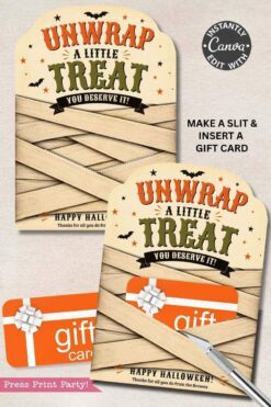 One of the 7 Vintage Halloween Gift Card Holders features a mummy design with the phrases “Unwrap a little treat, you deserve it!” and “Happy Halloween!” Displayed alongside an orange gift card, craft knife, and instructions for inserting your gift card.