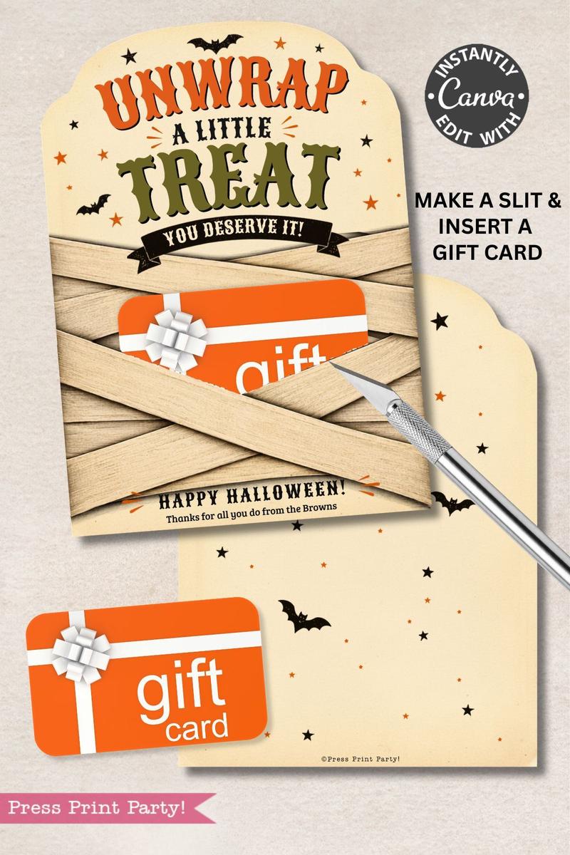 Introducing the 7 Vintage Halloween Gift Card Holders—a set of editable, Halloween-themed cards featuring festive stars and bats. Each holder showcases the phrase “Unwrap a little treat” with space for a gift card and a cheerful “Happy Halloween” message. The set also comes with an X-Acto knife for easy gift card insertion, making these holders perfect for adding a special touch to your spooky season gift-giving!.