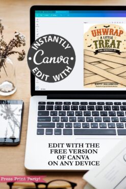 A laptop displays Canva with a 7 Vintage Halloween Gift Card Holders design—ideal for making your own Halloween card holders—with a circular “Instantly Edit with Canva” label and text highlighting that you can edit using the free version of Canva on any device. A vase and phone sit on the desk.
