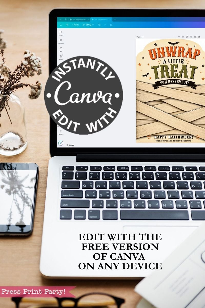 A laptop displays Canva with a 7 Vintage Halloween Gift Card Holders design—ideal for making your own Halloween card holders—with a circular “Instantly Edit with Canva” label and text highlighting that you can edit using the free version of Canva on any device. A vase and phone sit on the desk.