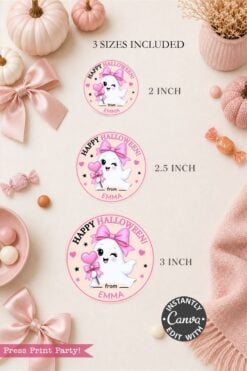 Six Pink Coquette Halloween Ghost Round Labels feature adorable pink Halloween gift tags decorated with a cute ghost wearing a bow, labeled “Happy Halloween from Emma” in 2, 2.5, and 3-inch sizes. Surrounded by pumpkins, bows, and cozy autumn decor, these charming tags add a sweet coquette touch to your festive celebrations.