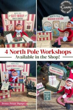 Four workshop scenes with a festive elf working at North Pole stations—gift wrapping, weather forecasting, Christmas lights repair, and package scanning—feature red-and-white striped decor, tools, and signs. Whimsical 6 Pink Coquette Halloween Ghost Round Labels add a playful touch for a cheerful holiday shop display.