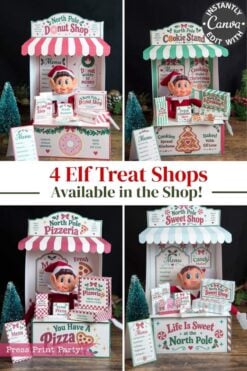 Six pastel pink Halloween treat shop displays featuring ghost décor—Donut Shop, Cookie Stand, Pizzeria, and Candy Shop—surrounded by mini Christmas trees and adorable themed accents. Inspired by the 6 Pink Coquette Halloween Ghost Round Labels, each shop is filled with playful details and whimsical charm. Text reads: “6 Pink Coquette Ghost Treat Shops Available in the Shop!”.