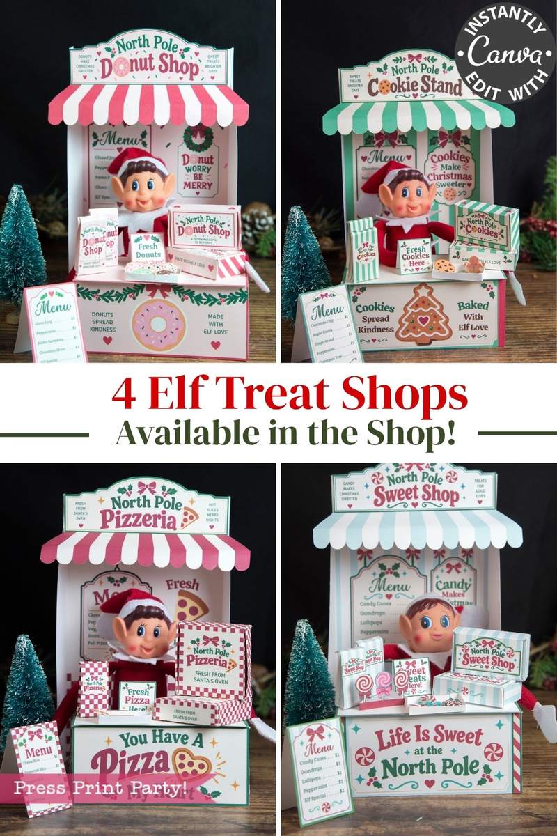 Six pastel pink Halloween treat shop displays featuring ghost décor—Donut Shop, Cookie Stand, Pizzeria, and Candy Shop—surrounded by mini Christmas trees and adorable themed accents. Inspired by the 6 Pink Coquette Halloween Ghost Round Labels, each shop is filled with playful details and whimsical charm. Text reads: “6 Pink Coquette Ghost Treat Shops Available in the Shop!”.