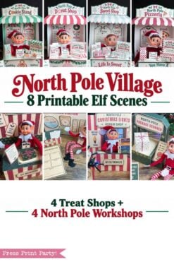 Collage showing printable elf scenes: treat shops and workshops with elf dolls, festive props, and North Pole Village signageβstyled with playful touches reminiscent of the 6 Pink Coquette Halloween Ghost Round Labels. Text highlights β8 Printable Elf Scenesβ and βPress Print Party!β.