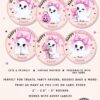 Six round Halloween treat labels feature cute, pastel-colored ghosts with pink bows and festive items, each saying “Happy Halloween from Emma.” Labels are cute, vintage-inspired, and customizable for party use.