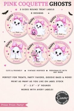 Six round Halloween treat labels feature cute, pastel-colored ghosts with pink bows and festive items, each saying βHappy Halloween from Emma.β Labels are cute, vintage-inspired, and customizable for party use.