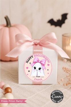A white gift box with a pink ribbon sits in front of a pink pumpkin. A sticker on the box shows a cute ghost with a pink bow and says “Happy Halloween! from Emma.”.