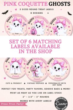 A promotional image for “6 Pink Coquette Halloween Ghost Round Labels,” showcasing adorable ghost designs with pink bows and hats, Halloween themes, and details about customizable, printable labels available in various sizes—perfect for party favors.