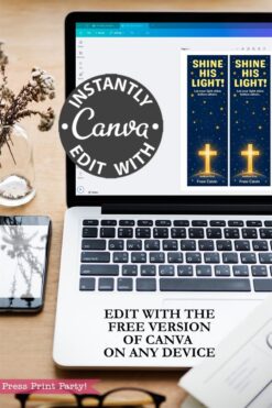 Open Canva on a laptop, showing a design with stars and crosses. Text reads, “Instantly edit with Canva. Edit with the free version of Canva on any device.” There’s a plant and phone nearby.