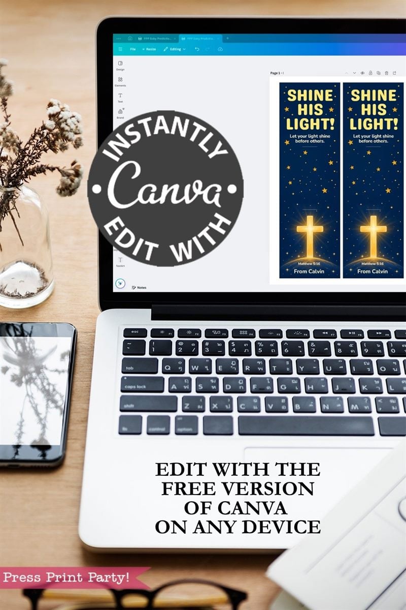 Open Canva on a laptop, showing a design with stars and crosses. Text reads, “Instantly edit with Canva. Edit with the free version of Canva on any device.” There’s a plant and phone nearby.