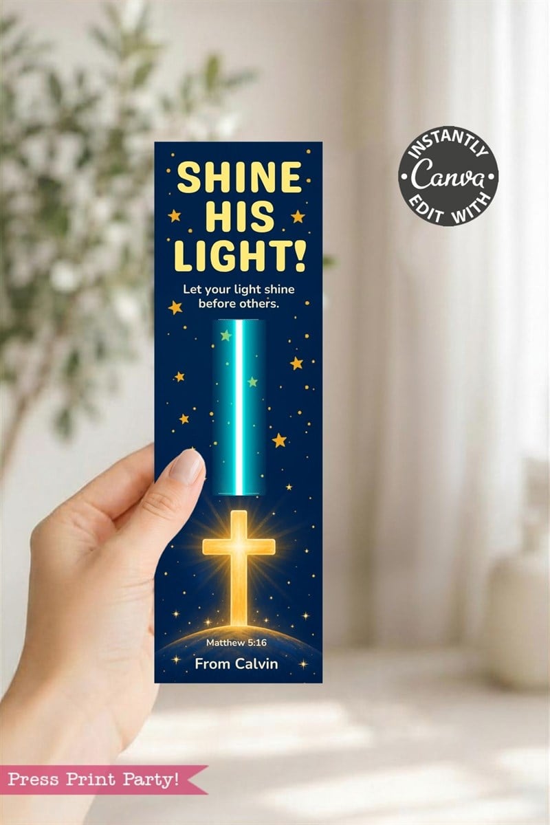 A hand holds a bookmark reading “SHINE HIS LIGHT! Let your light shine before others.” It features stars, a glowing cross, and “Matthew 5:16 From Calvin.” A circular label says “Instantly Canva Edit With.”.