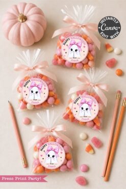Six Pink Coquette Halloween Ghost Round Labels, four clear bags of candy featuring a cat and “Happy Halloween from Emma,” two orange pencils, a pink pumpkin, and heart and gumdrop candies on a light surface.