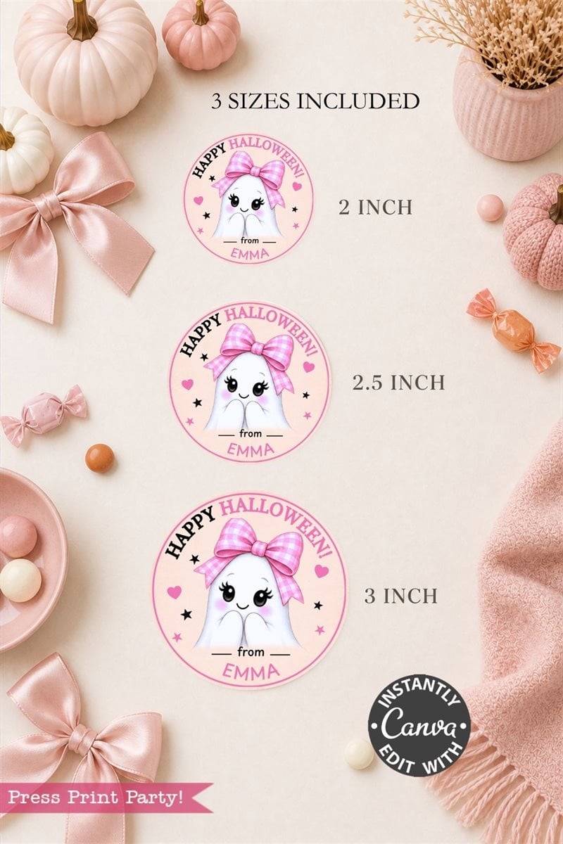 Six Pink Coquette Halloween Ghost Round Labels double as gift tags, each featuring a charming ghost with a bow and labeled “Happy Halloween from Emma.” Available in 2, 2.5, and 3-inch sizes, they’re displayed surrounded by pumpkins, ribbon, and pink decor on a light surface.