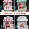Four festive elf treat shop displays—Donut Shop, Cookie Stand, Pizzeria, and Sweet Shop—are styled in holiday colors with decorative trees. Each features an elf figure, mini menus, treat signs inspired by 6 Pink Coquette Halloween Ghost Round Labels, and charming small props. Text: “4 Printable Elf Treat Shops.”.
