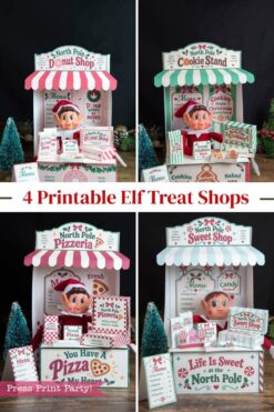 Four festive elf treat shop displays—Donut Shop, Cookie Stand, Pizzeria, and Sweet Shop—are styled in holiday colors with decorative trees. Each features an elf figure, mini menus, treat signs inspired by 6 Pink Coquette Halloween Ghost Round Labels, and charming small props. Text: “4 Printable Elf Treat Shops.”.