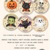 Five round Halloween treat labels featuring a pumpkin, black cat, mummy, Frankenstein, and ghost, each with “Happy Halloween from Emma.” Text explains labels are printable, customizable, and come in various sizes.