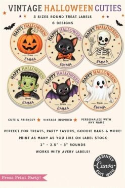 Five round Halloween treat labels featuring a pumpkin, black cat, mummy, Frankenstein, and ghost, each with βHappy Halloween from Emma.β Text explains labels are printable, customizable, and come in various sizes.