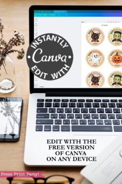 A laptop displays Canva editing software with Halloween-themed sticker designs. Text overlay reads, “Edit with the free version of Canva on any device” and “Instantly edit with Canva.” A vase and phone sit nearby.