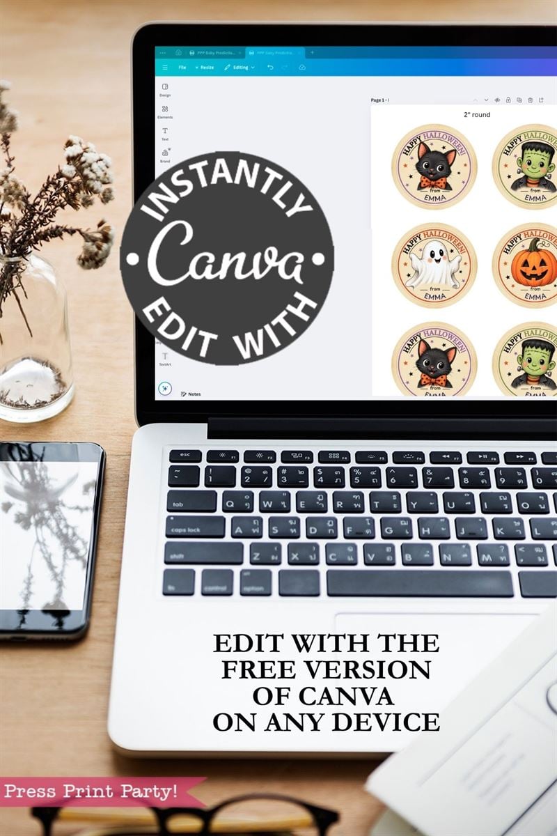 A laptop displays Canva editing software with Halloween-themed sticker designs. Text overlay reads, “Edit with the free version of Canva on any device” and “Instantly edit with Canva.” A vase and phone sit nearby.