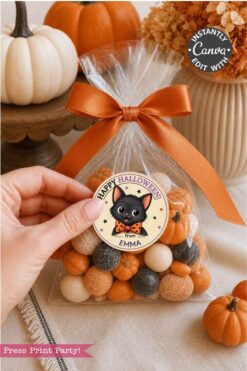A hand holds a clear bag of orange and white candies tied with an orange ribbon. A round Halloween label with a black cat says, “Happy Halloween from Emma.” Pumpkins and a cake stand are in the background.