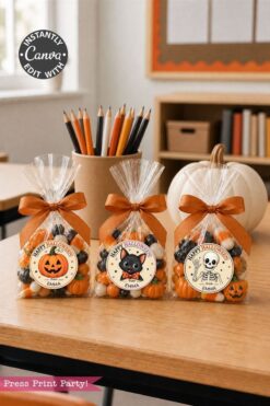 Three clear treat bags with orange bows and Halloween tags (pumpkin, black cat, skeleton) sit on a desk with pencils, books, and a white pumpkin in the background. The bags are filled with orange and black candy.