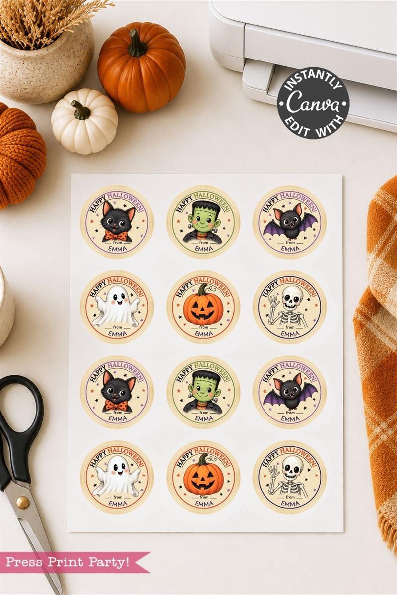 A sheet of 12 round Halloween stickers featuring cartoon characters like a bat, cat, ghost, pumpkin, skeleton, and Frankenstein. Decorative pumpkins, scissors, and a plaid cloth are nearby on the table.
