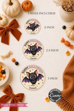 Three round “Happy Halloween from Emma” bat stickers in 2, 2.5, and 3 inches, surrounded by pumpkins, bows, candy corn, and autumn decor on a beige background. “Canva edit” and “Press Print Party!” text included.