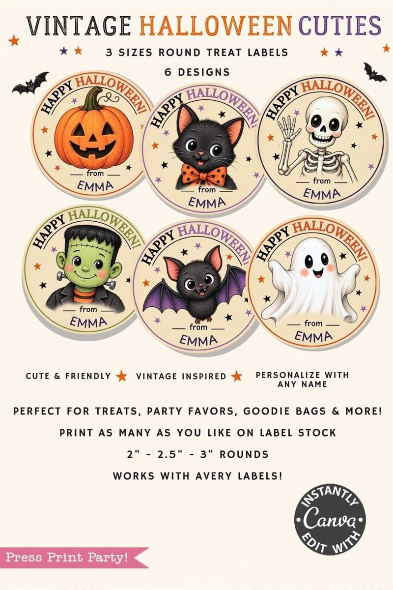 Five round Halloween treat labels featuring a pumpkin, black cat, mummy, Frankenstein, and ghost, each with “Happy Halloween from Emma.” Text explains labels are printable, customizable, and come in various sizes.