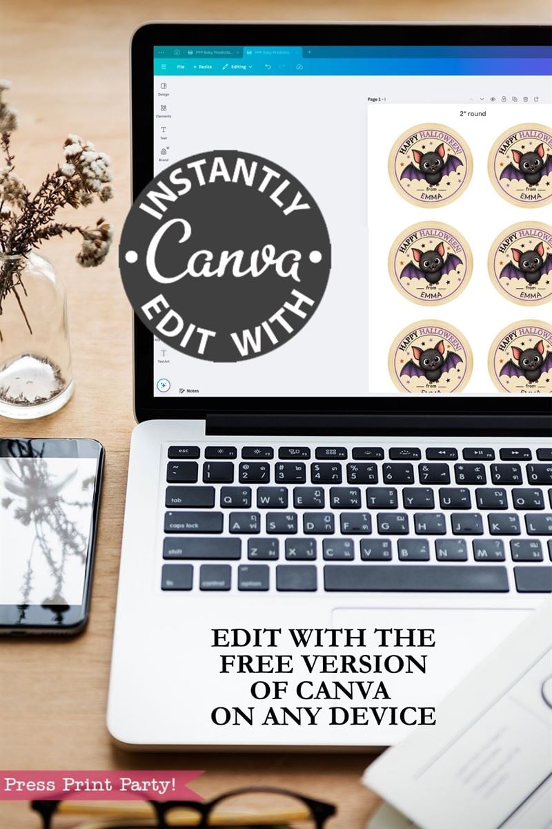 A laptop on a desk displays the Pink Coquette Ghost Treat Bag Halloween Stickers design on Canva, featuring cute dog illustrations. The text reads “INSTANTLY EDIT WITH Canva” and “EDIT WITH THE FREE VERSION OF CANVA ON ANY DEVICE.” Flowers and a phone sit next to the laptop.