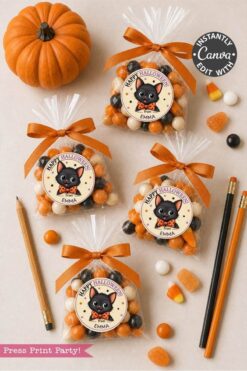 Four clear treat bags filled with orange, white, and brown candies are each tied with an orange bow and adorned with a Halloween cat label that reads “Happy Halloween EMMA.” Each bag is embellished with a Pink Coquette Ghost Treat Bag Halloween Sticker for an extra touch of charm. Scattered candy, pencils, and a small pumpkin surround the bags.