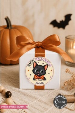 A white gift box with an orange ribbon sits in front of a pumpkin. The box is adorned with a round label featuring a cute black cat illustration and the words “Happy Halloween from EMMA,” perfectly complementing the whimsical style of Pink Coquette Ghost Treat Bag Halloween Stickers. Festive autumn decor sets the scene in the background.
