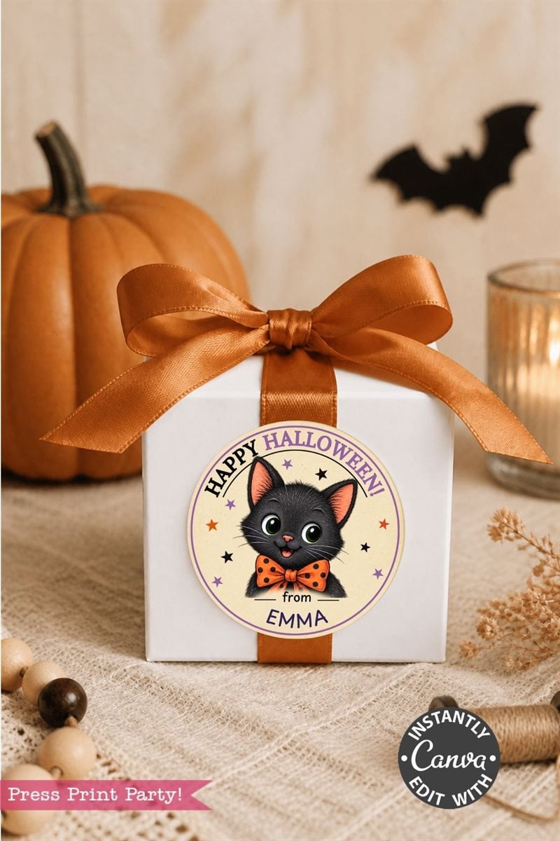 A white gift box with an orange ribbon sits in front of a pumpkin. The box is adorned with a round label featuring a cute black cat illustration and the words “Happy Halloween from EMMA,” perfectly complementing the whimsical style of Pink Coquette Ghost Treat Bag Halloween Stickers. Festive autumn decor sets the scene in the background.