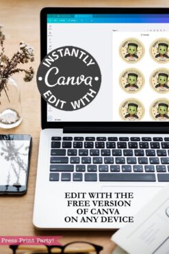 A laptop displaying a Canva design project with Pink Coquette Ghost Treat Bag Halloween Stickers on the screen, accompanied by a phone and a vase of flowers. Text overlays read: “Instantly edit with Canva” and “Edit with the free version of Canva on any device.”.