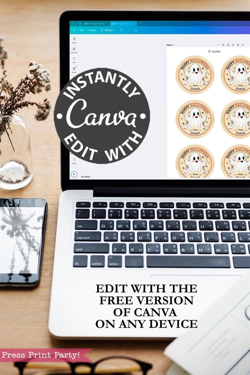 A laptop displaying Pink Coquette Ghost Treat Bag Halloween Stickers on Canva sits next to a phone and glass vase, with text highlighting that you can customize these playful sticker designs using Canva’s free version.