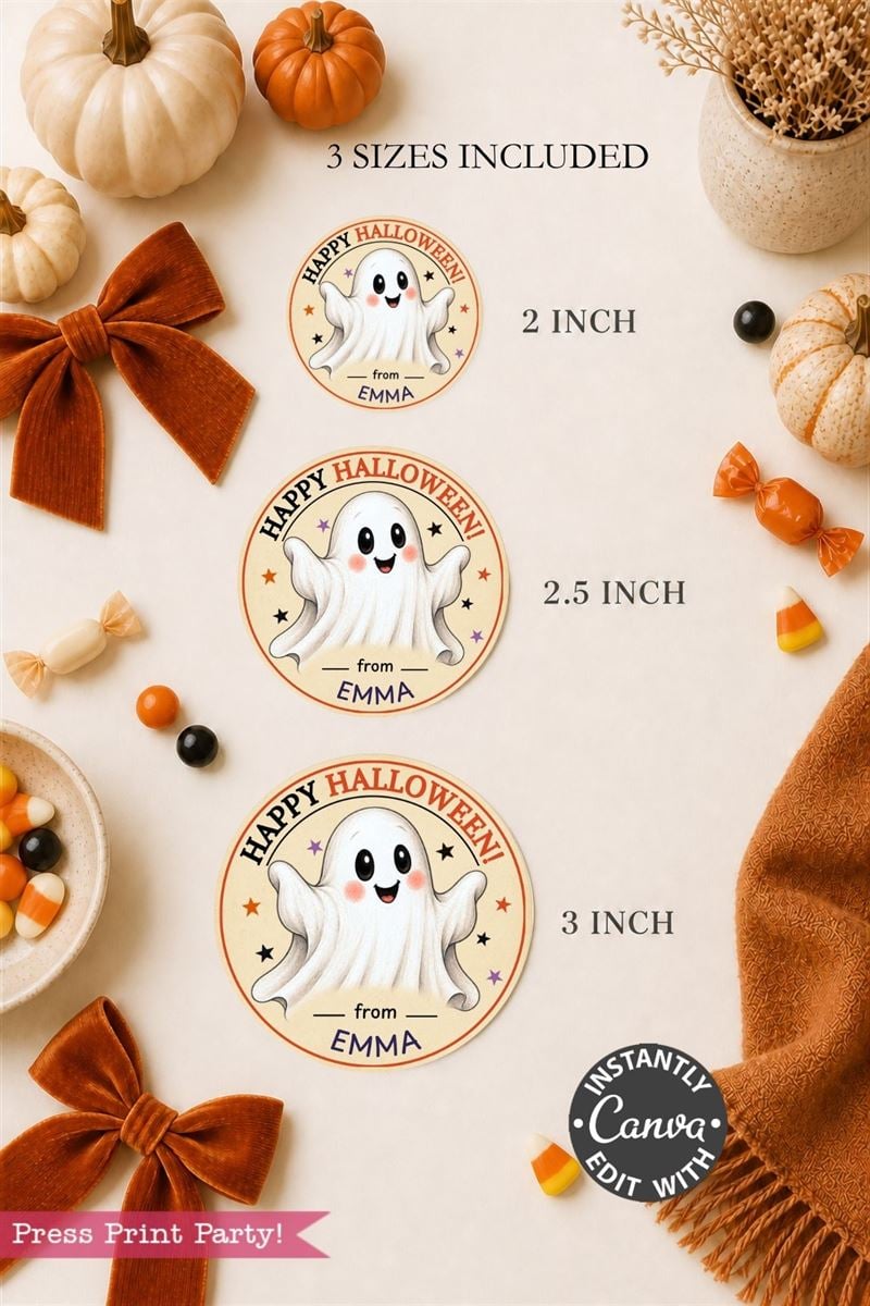 Set of three Pink Coquette Ghost Treat Bag Halloween Stickers featuring a cheerful “Happy Halloween” message and a cute ghost with “from Emma,” available in 2, 2.5, and 3-inch circular sizes. These stickers showcase pumpkins, bows, candy corn, and fall decorations on a neutral background for a fun and festive touch.
