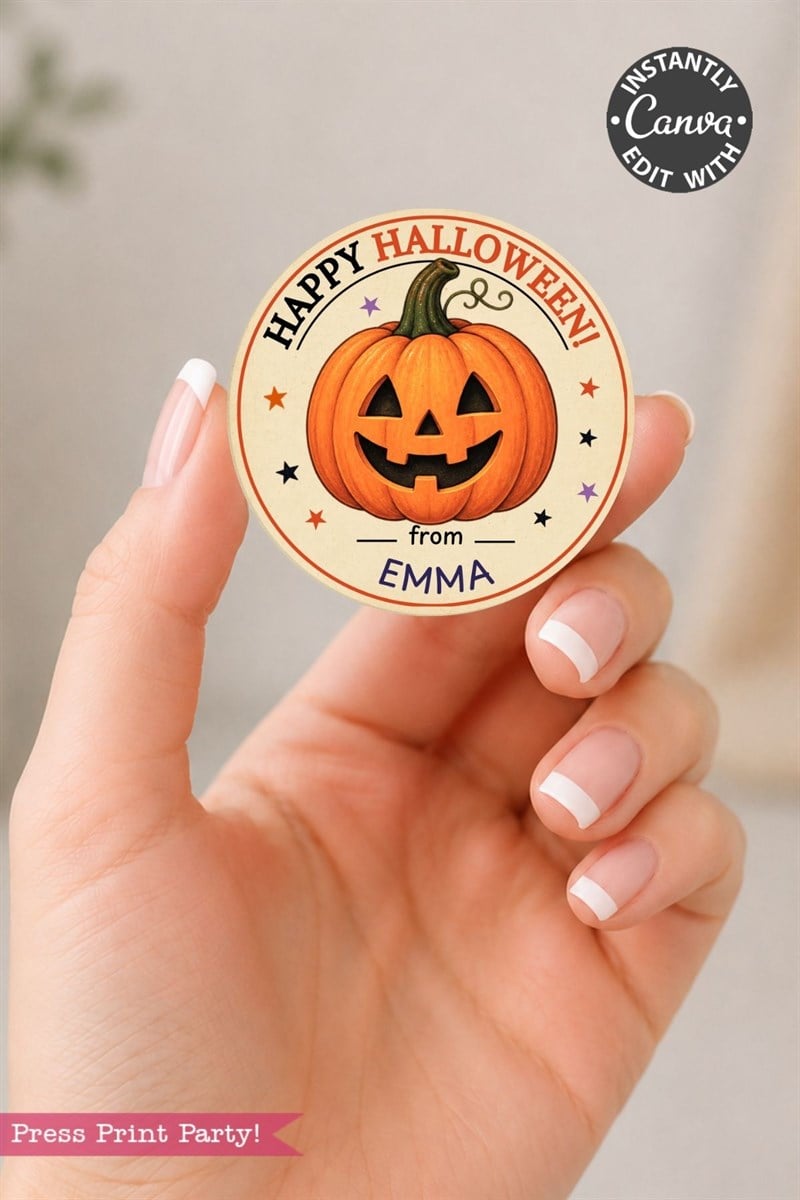 A hand with a French manicure holds a round sticker featuring a carved pumpkin, the message “Happy Halloween from Emma,” and decorative stars—perfect for customizing your own Pink Coquette Ghost Treat Bag Halloween Stickers. A “Canva” edit label appears in the top right corner.